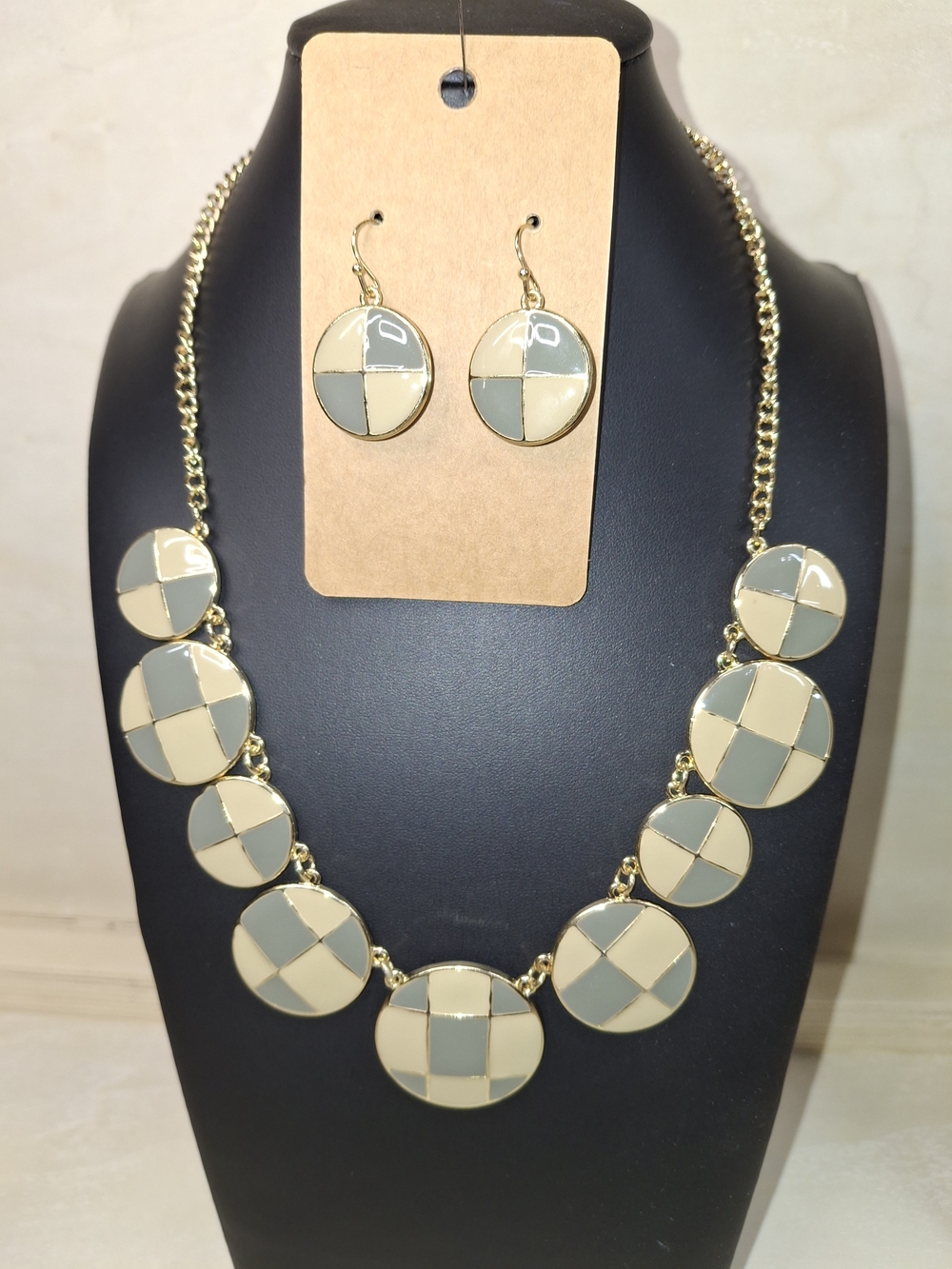 Gold-Tone Beige and Gray Checker Disc Necklace & Earrings Set